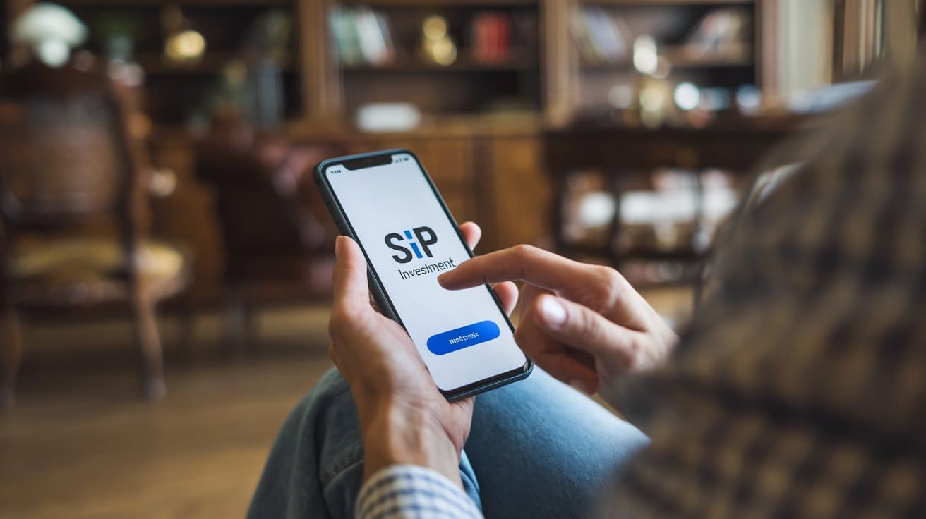 A phot of a person using mobile in their hand with a note SIP investment