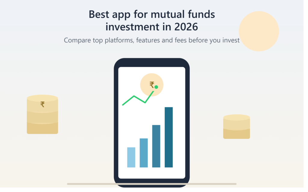 Illustration of a mobile phone showing a mutual fund investment app with a rising bar chart, symbolizing the best app for mutual funds investment in 2026