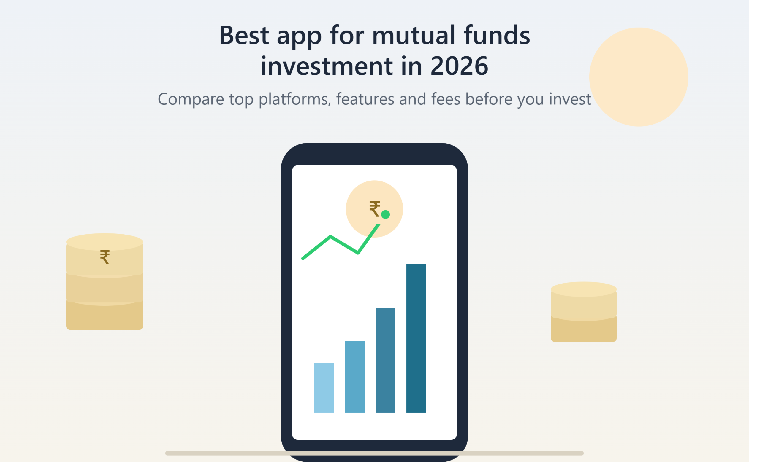 Illustration of a mobile phone showing a mutual fund investment app with a rising bar chart, symbolizing the best app for mutual funds investment in 2026